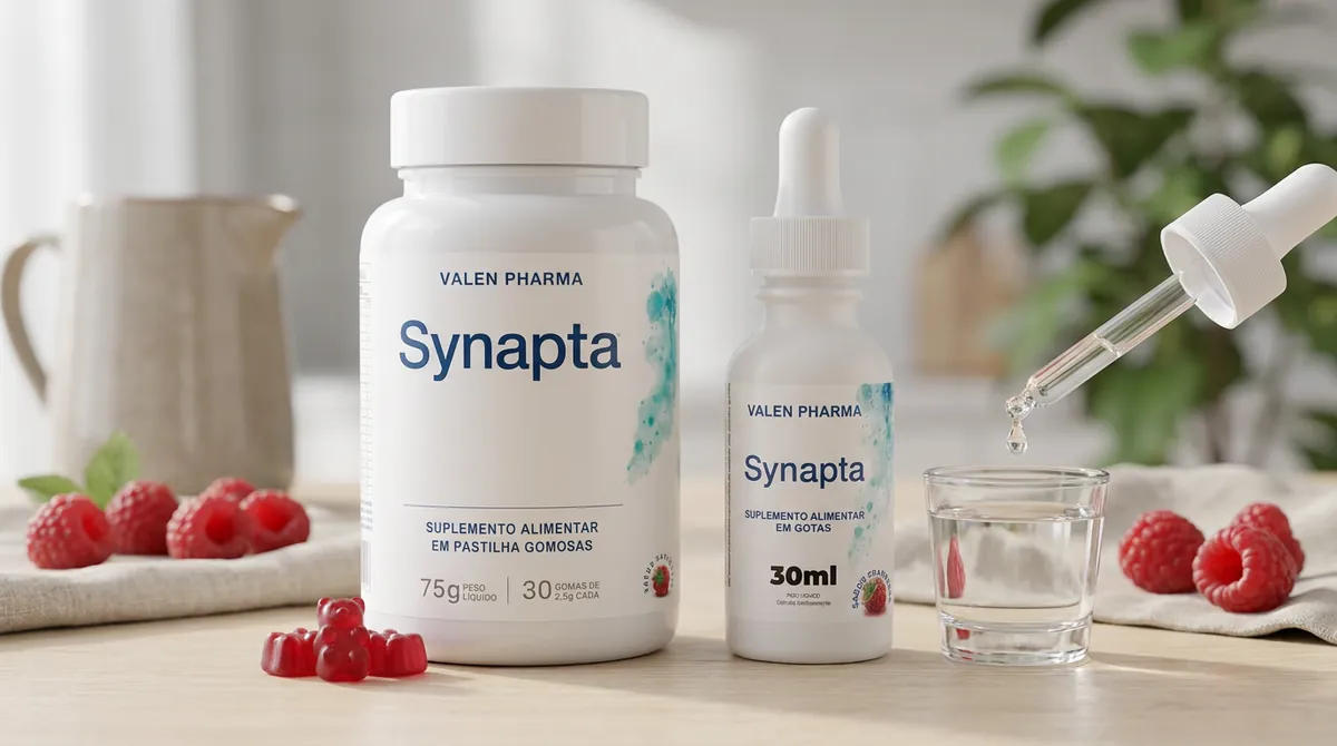 Pote de Synapta em Goma e frasco de Synapta em Gotas lado a lado na mesa, com framboesas e um copo d'água