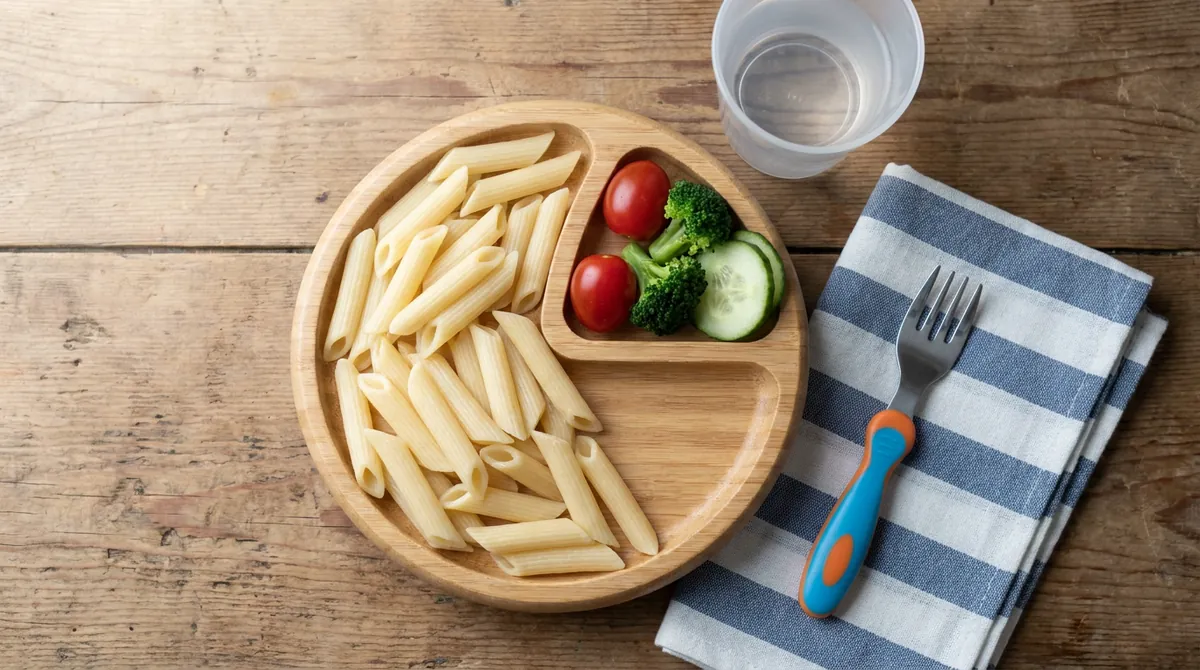 Prato infantil com macarrão e, ao lado, uma porção bem pequena de tomate-cereja, brócolis e pepino