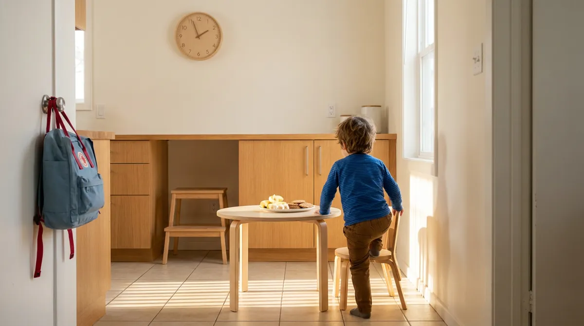 Cozinha arrumada na hora do lanche, com relógio na parede e um pratinho de banana e biscoito na mesa