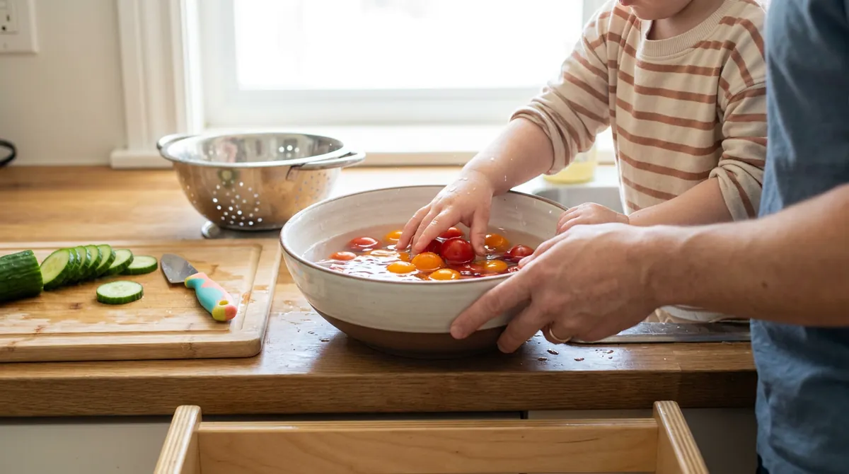 Mãos de criança lavando tomates-cereja numa tigela, com a mão de um adulto segurando a tigela
