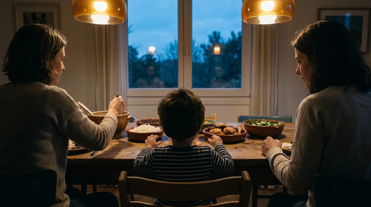 Família jantando junta a mesma comida, com travessas no meio da mesa