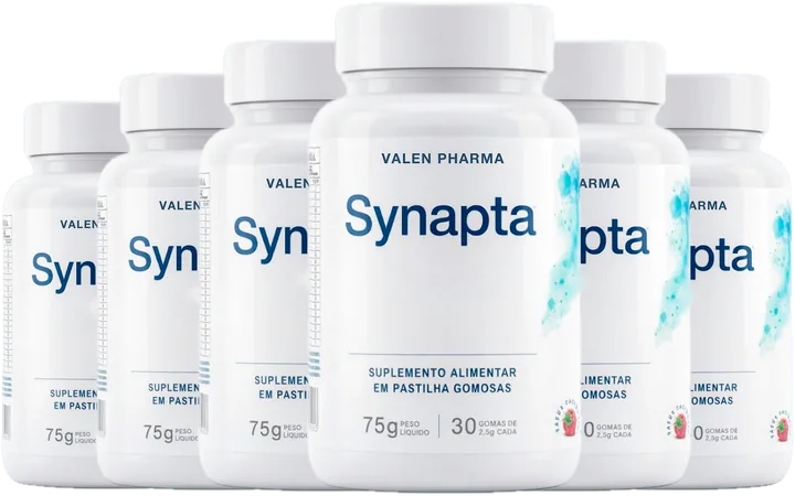 Kit com 6 potes de Synapta em Goma, rótulo branco com a marca Synapta