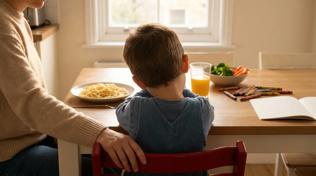 Criança de costas sentada à mesa diante de um prato de macarrão, com um adulto ao lado