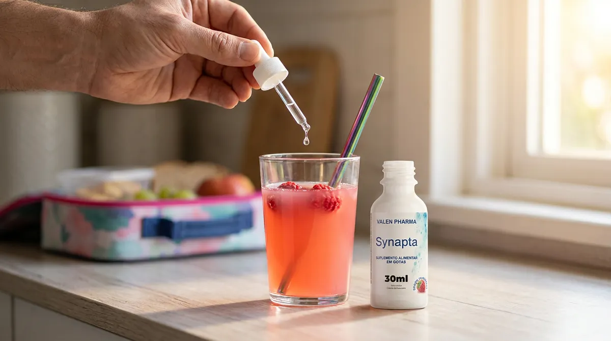 Mão de adulto pingando gotas de Synapta num copo de suco vermelho, ao lado do frasco de 30 ml e de uma lancheira